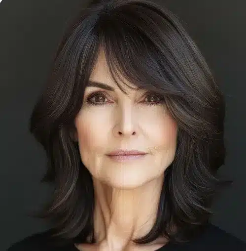 "Mulher com cabelo estilo franja cortina, olhando para a câmera com expressão suave."