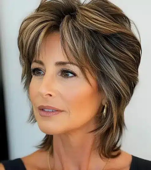 "Mulher com franja assimétrica e cabelo estilizado, olhando suavemente para o lado."