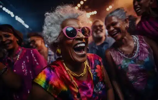 Idosa se divertindo em um show, sorrindo e aproveitando a meia entrada, com destaque para o direito dos idosos em eventos culturais.