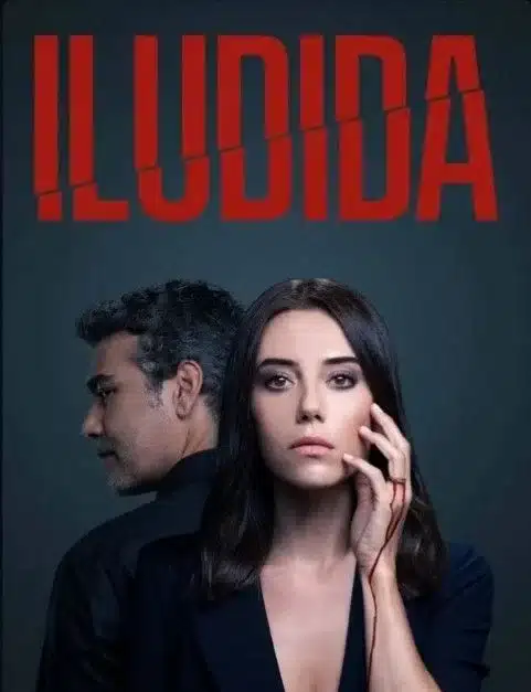 O pôster de 'Iludida', mostrando os dois personagens principais, costas com costas, em uma atmosfera tensa e dramática.