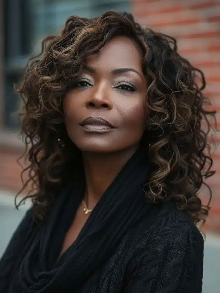 Mulher com cabelo cacheado e castanho avelã, com expressão elegante, vestindo uma blusa preta, destacando a tonalidade de cabelo para ilustrar tendências de cores quentes para o inverno.