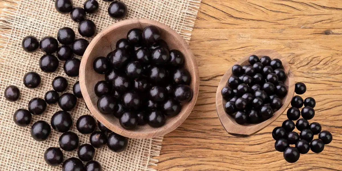 Jabuticabas frescas em recipientes de madeira, representando o cultivo da fruta em casa.