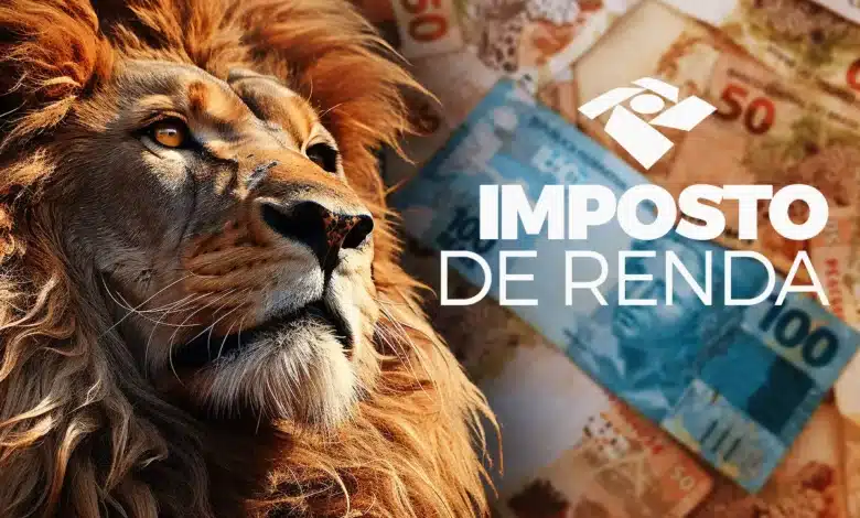 Leão do Imposto de Renda vigilante sobre notas de real brasileiras