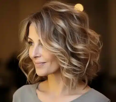 Mulher com corte de cabelo estilo long bob, com ondas suaves.