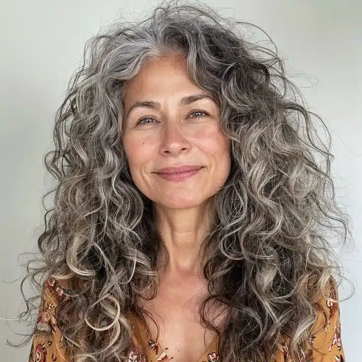 Mulher sorrindo com cabelo longo e volumoso em camadas, estilo moderno e natural.