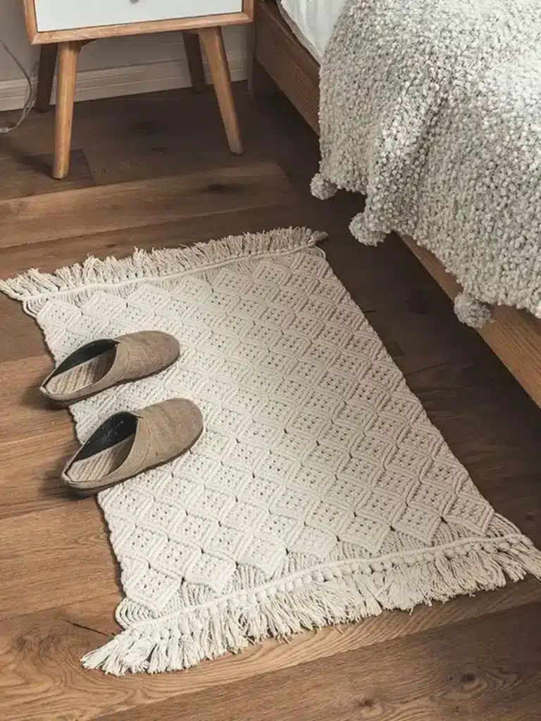 Tapete de macramê com franjas, criando um ambiente acolhedor e natural, perfeito para decoração de interiores.