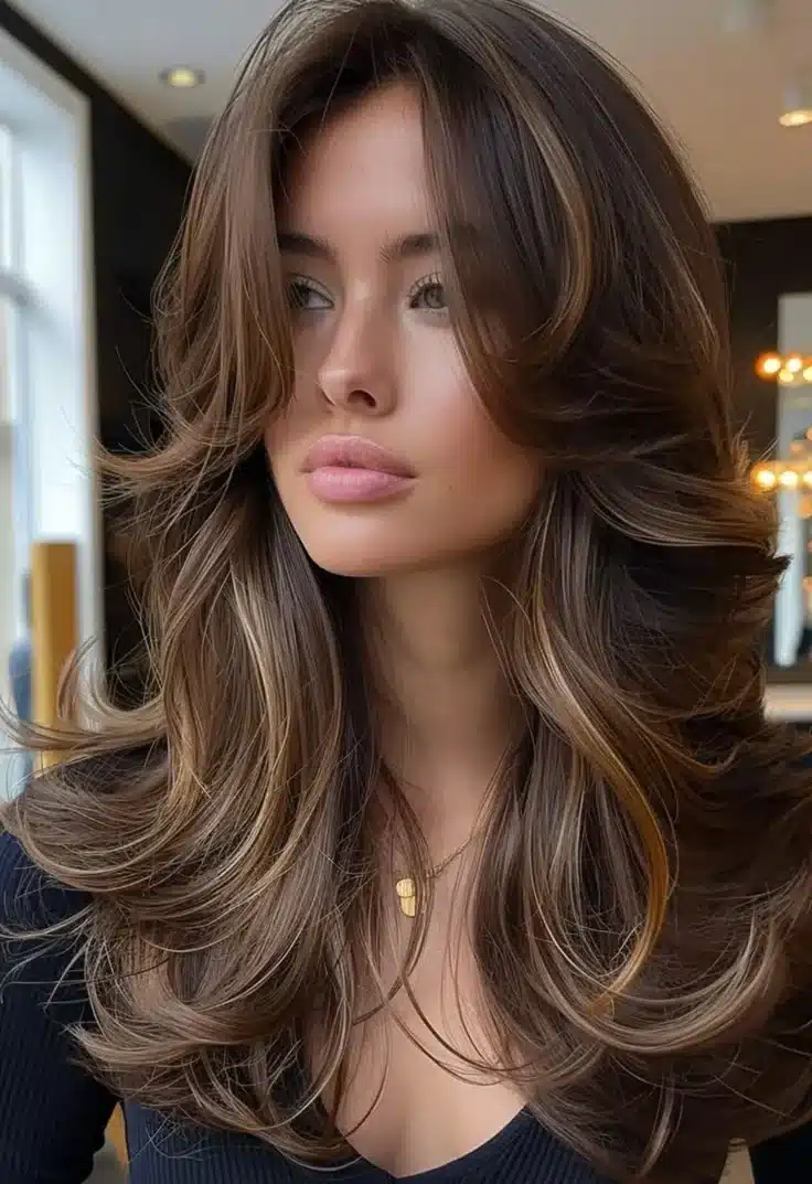 Corte médio com camadas suaves e volume, oferecendo um visual moderno e elegante.