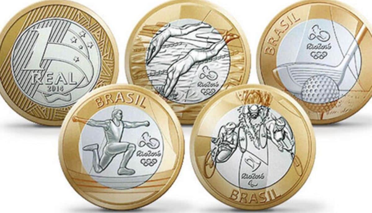 Conjunto de moedas das Olimpíadas de 2016, com design comemorativo e valor potencial para colecionadores.