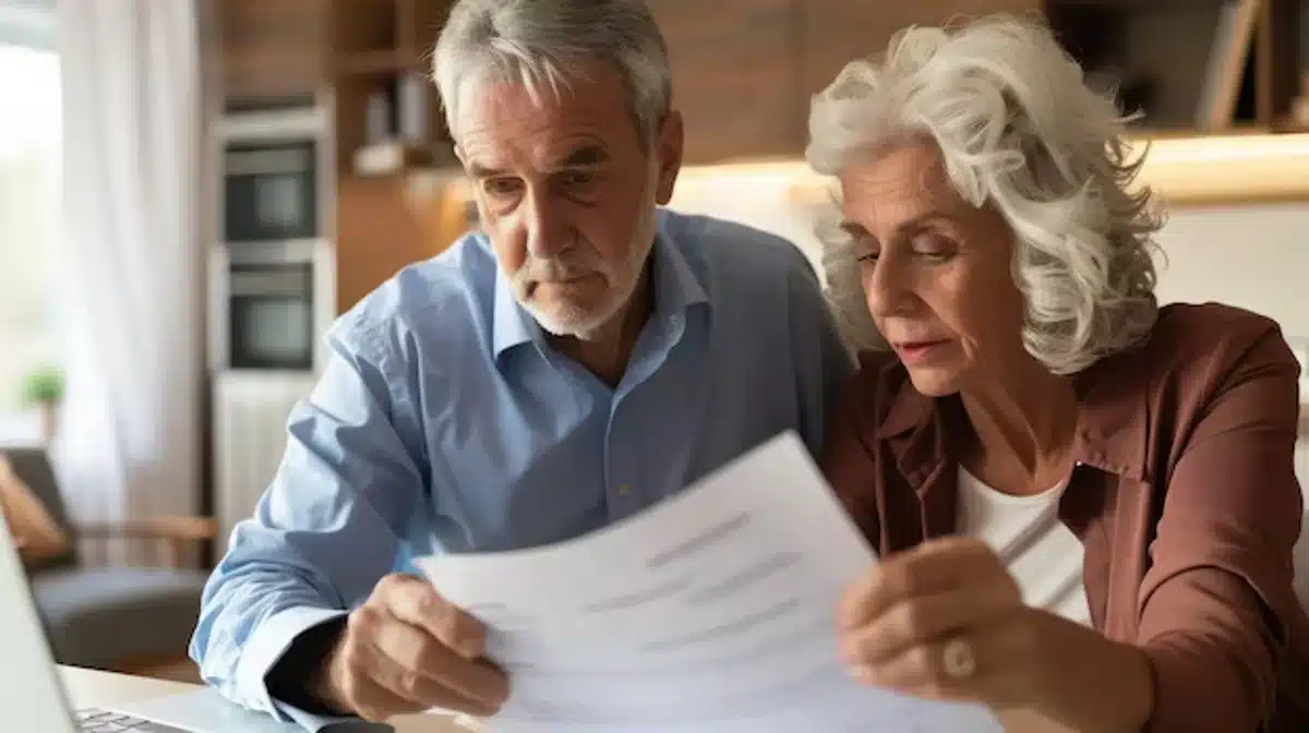 Casal de idosos revisando documentos legais sobre herança e sucessão de bens.
