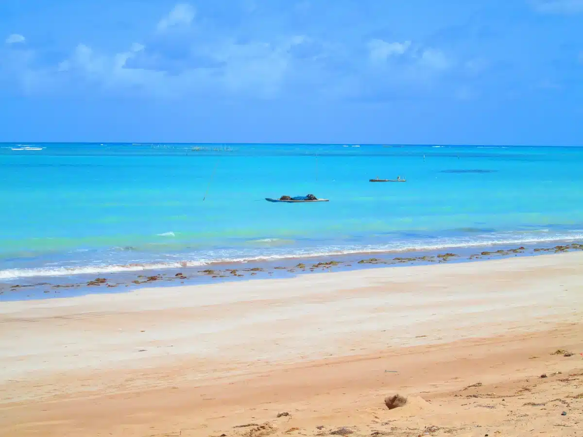 Vista da praia de Passo de Camaragibe, em Alagoas, com águas cristalinas e céu azul claro.