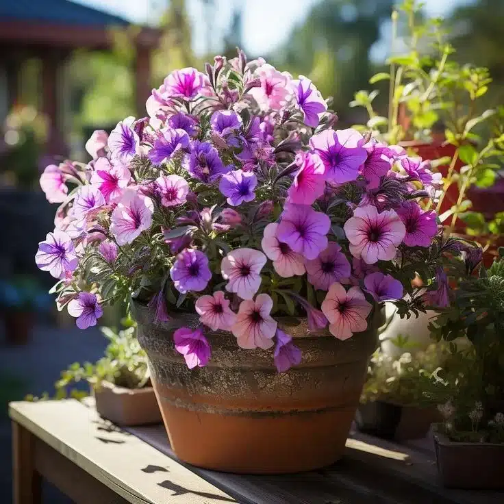 Lindo vaso de flores de petúnia rosa e roxa em plena floração, brilhante e colorida.