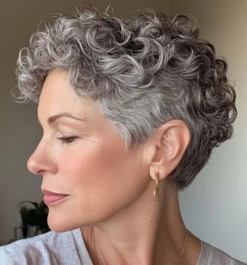 "Mulher com corte de cabelo pixie cacheado, mostrando um estilo moderno e cheio de personalidade."