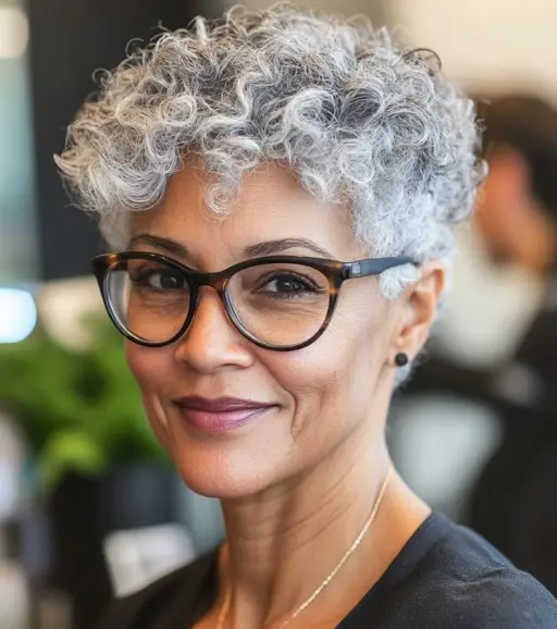 "Mulher com cabelo pixie e cachos apertados, exibindo um visual moderno e cheio de personalidade."