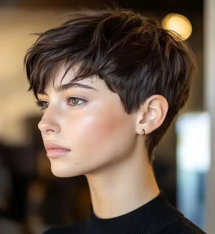 Corte pixie elegante e moderno, com fios curtos e texturizados.