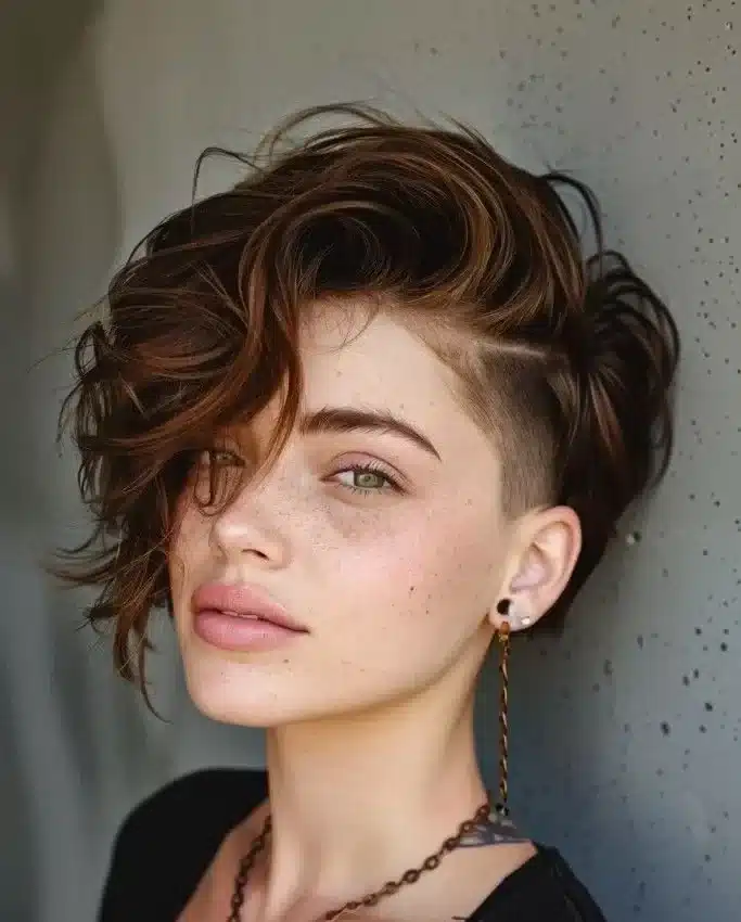 "Mulher com corte de cabelo Pixie Mullet Assimétrico, destacando um estilo moderno e ousado."