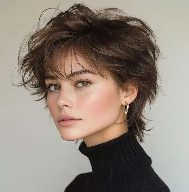 "Mulher com corte de cabelo Pixie Mullet Clássico, exibindo um estilo moderno e sofisticado."