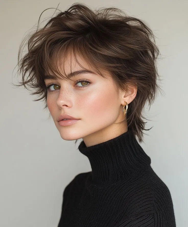 "Mulher com corte de cabelo Pixie Mullet Clássico, exibindo um estilo moderno e sofisticado."