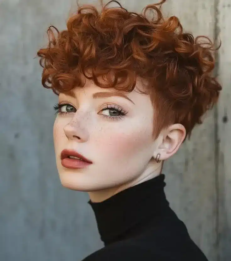 "Mulher com corte de cabelo Pixie Mullet Texturizado, destacando os cachos e o volume do estilo."