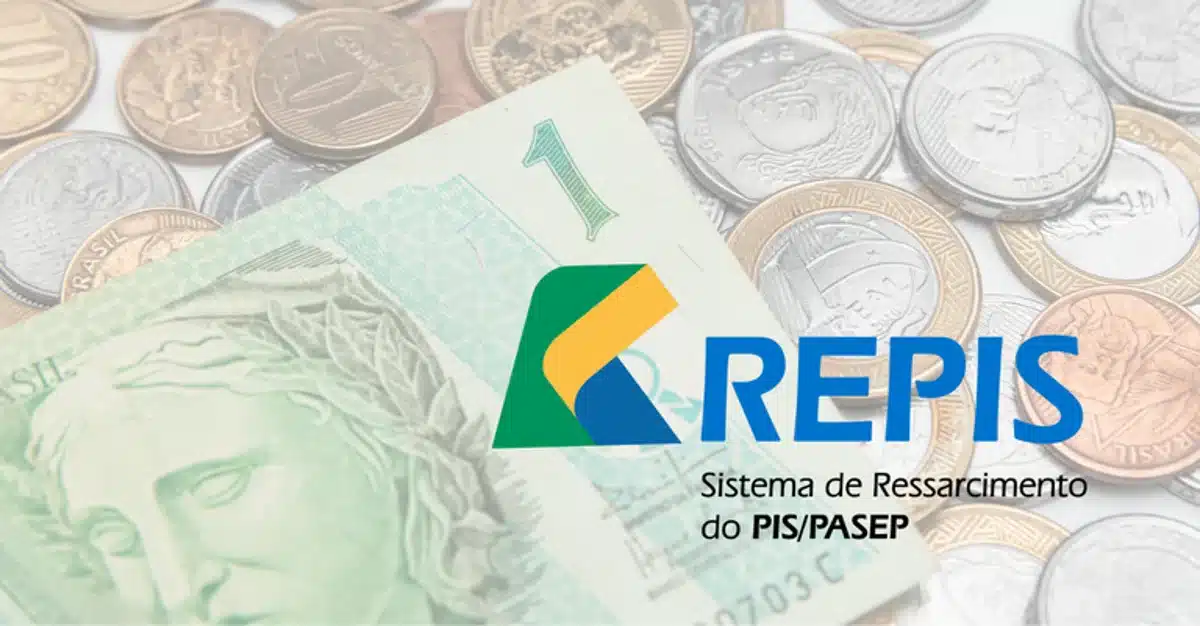 Cédulas de dinheiro e moedas brasileiras com o logo do sistema Repis.