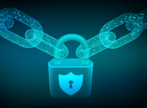 Cadeado digital com correntes tecnológicas representando segurança de dados.