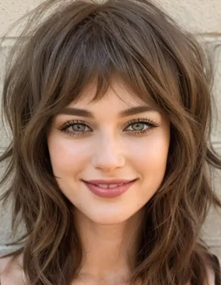 Corte shag despojado e estiloso, com camadas e volume.