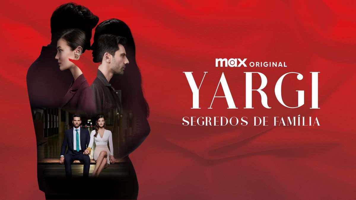 Pôster oficial da novela turca Yargi – Segredos de Família, com os protagonistas em destaque sobre fundo vermelho.