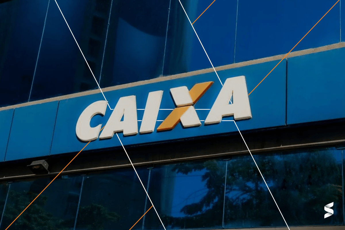 Fachada de uma agência da Caixa Econômica Federal com o logotipo visível.