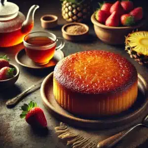 Bolo pudim de milho com calda caramelizada e acompanhamentos como chá e frutas frescas