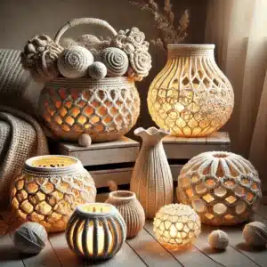 Imagem de cestos e luminárias de crochê endurecido