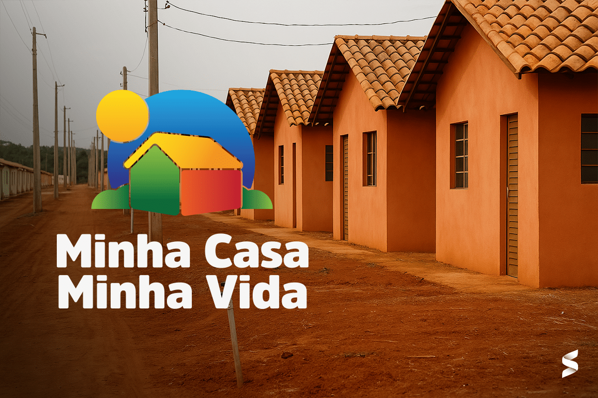 Conjunto habitacional do programa Minha Casa, Minha Vida em área rural, com casas e infraestrutura para famílias de baixa renda.