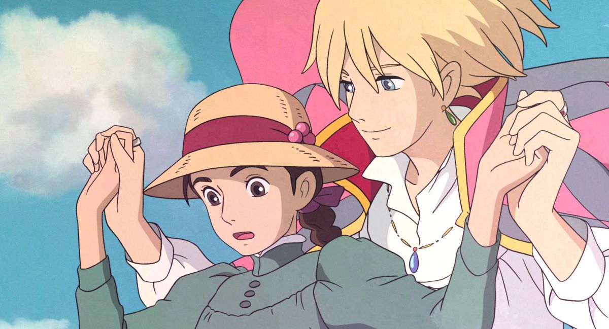 'O Castelo Animado' do Studio Ghibli, com os personagens Howl e Sophie, representando o estilo que pode ser imitado ao transformar fotos em ilustrações Ghibli.