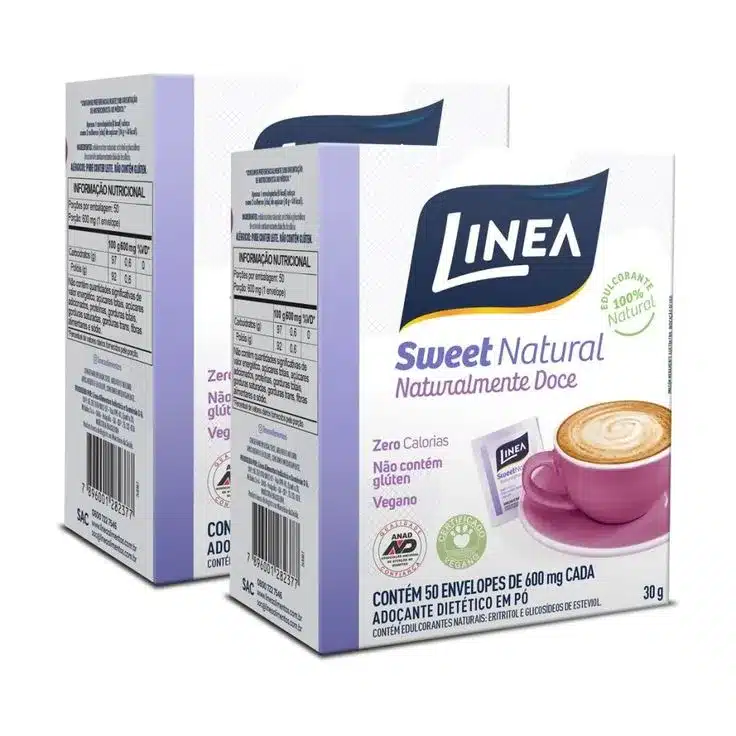 Caixas do adoçante Linea Sweet Natural com sachês individuais.
