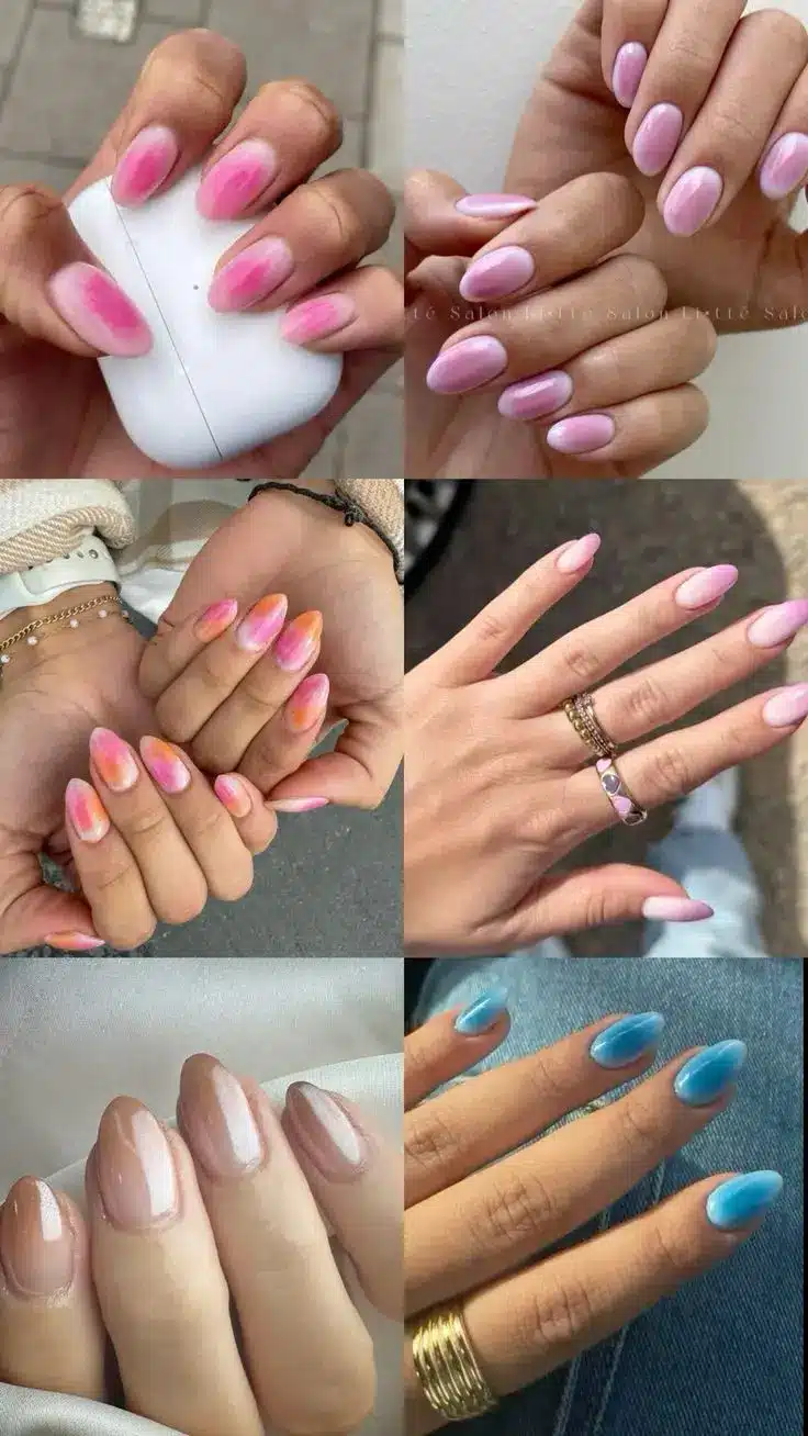 Unhas aura com gradientes de cores vibrantes, estilo artístico para show