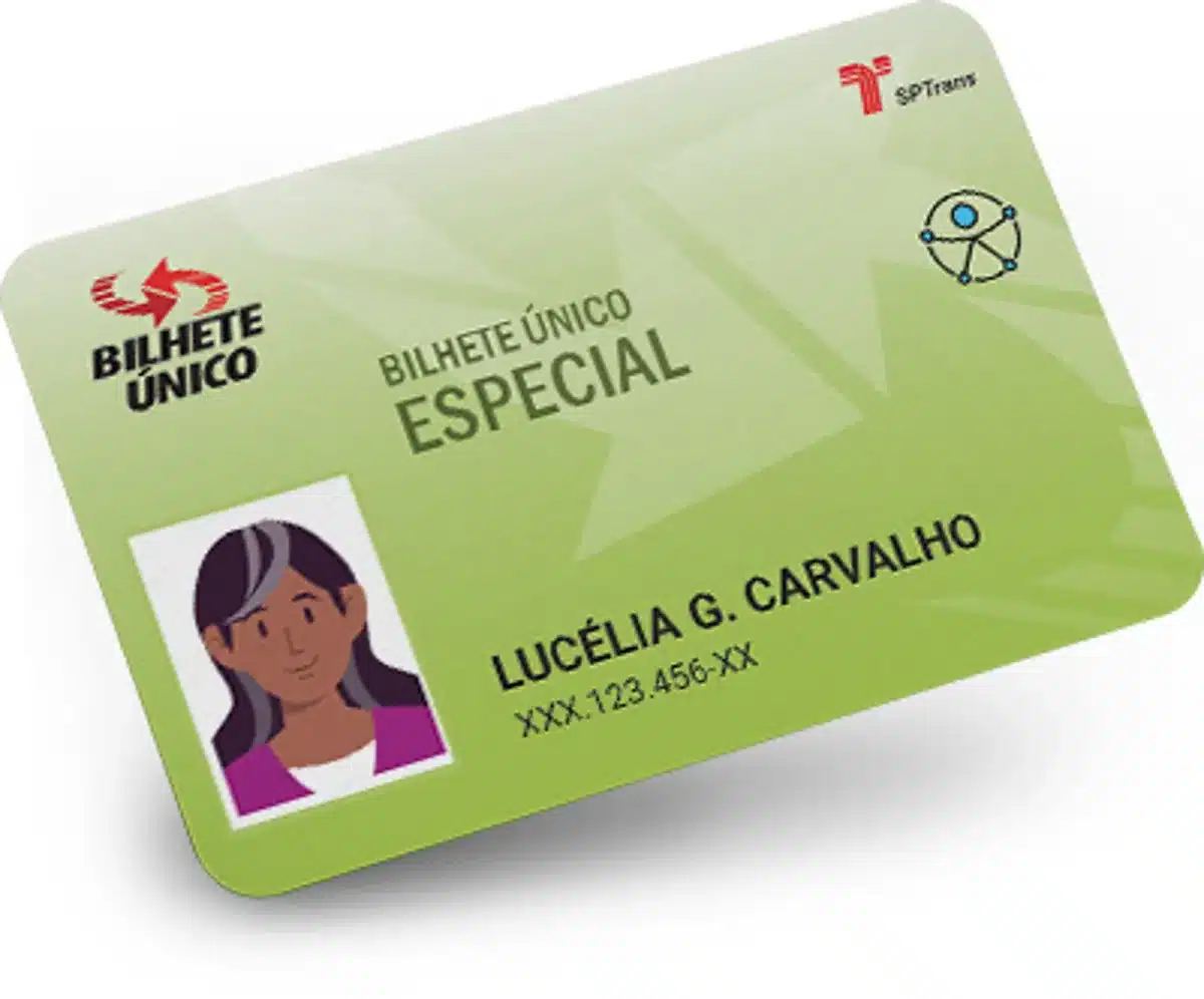 Imagem do Bilhete Único Especial para idosos, com foto, nome e número de identificação.