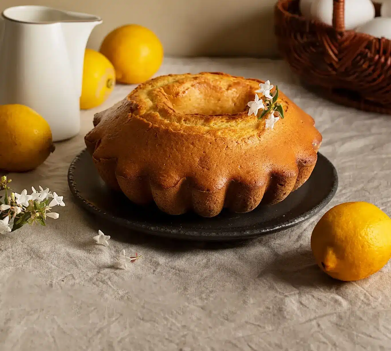 Bolo de fubá dourado decorado com flores brancas, ao lado de limões frescos e uma jarra de leite.