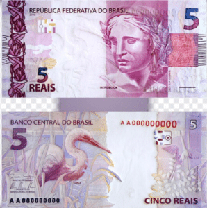 cDesign da cédula de 5 reais de 2010 com elementos culturais e naturais, incluindo a efígie da República e a garça.