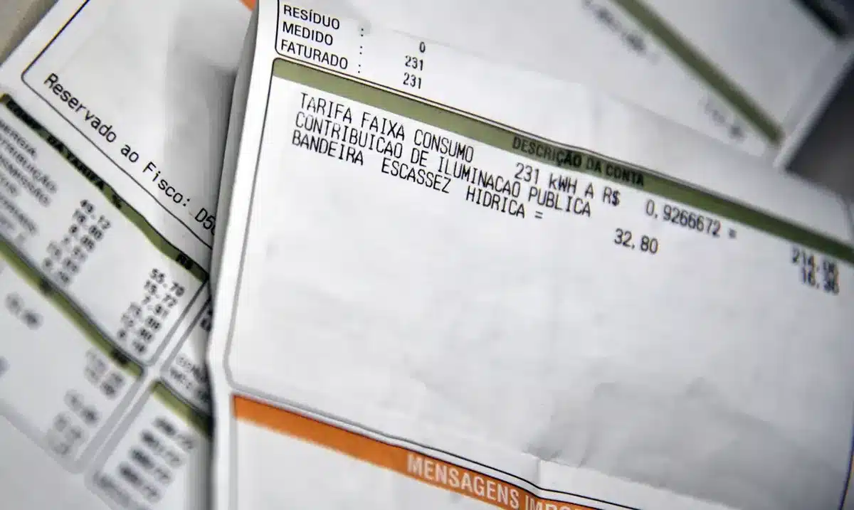 Detalhe de uma conta de luz com consumo mensal destacado