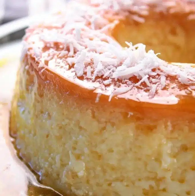 Pudim de pão e coco ralado sobre o topo, mostrando sua textura cremosa