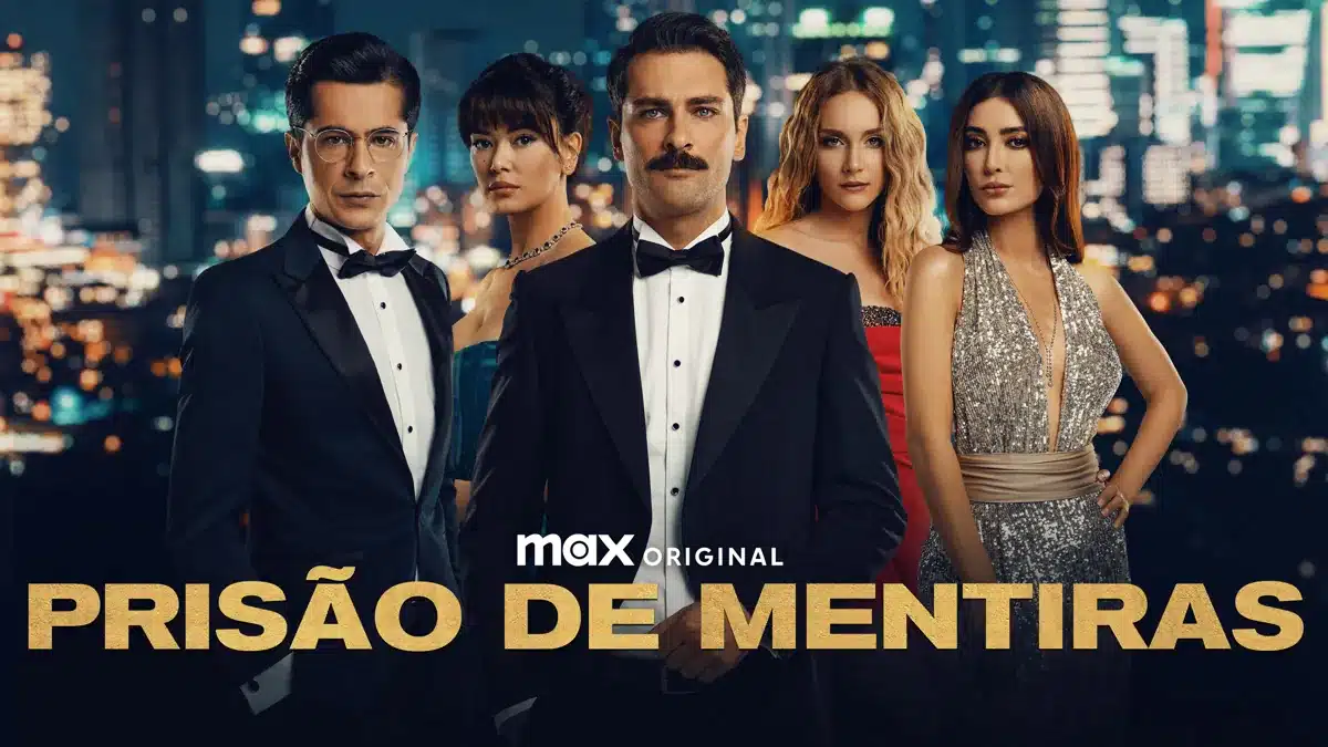 Imagem promocional da novela turca Prisão de Mentiras, com os personagens principais em destaque, transmitindo mistério e drama.