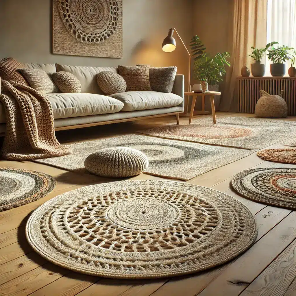 Sala de estar realista com tapetes de crochê decorando o ambiente, em tons naturais e padrões detalhados.