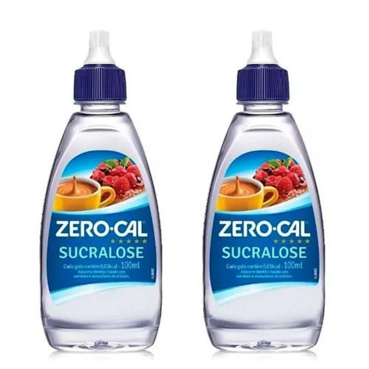 Dois frascos de sucralose Zero-Cal, com rótulos visíveis, sobre fundo branco.