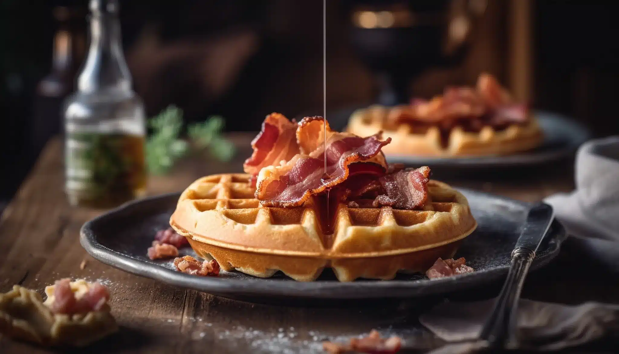Waffle de pão de queijo servido com bacon crocante e mel em prato rústico.