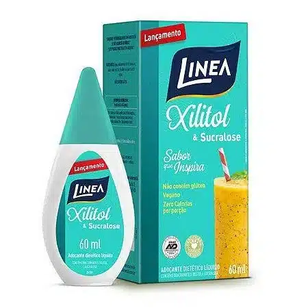  Frasco e embalagem de adoçante natural Linea com Xilitol e Sucralose.