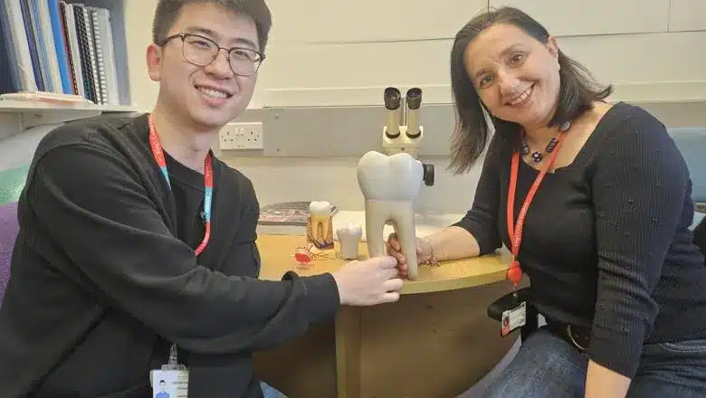 Cientistas britânicos de Londres, Xuechen Zhang e Dra. Ana Angelova-Volponi, com modelos de dentes cultivados em laboratório, marcando um avanço na odontologia regenerativa.