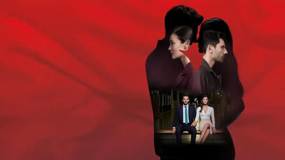 Cena de 'Yargi', com os personagens principais imersos no mistério, seus perfis destacados em um fundo vermelho, refletindo os segredos de família e o suspense da trama.
