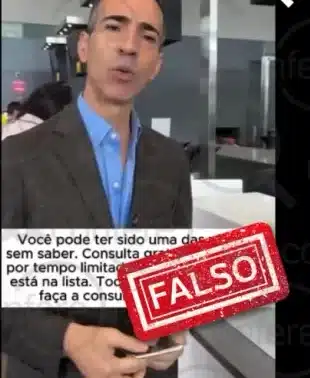 Imagem de um vídeo falso prometendo agilizar indenização do INSS, com a marca d'água "FALSO" estampada.
