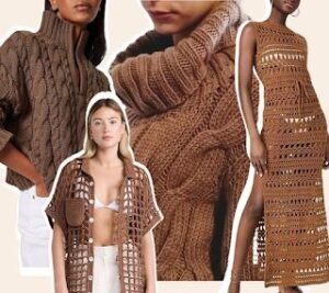 Peças de vestuário em crochê na cor Mocha Mousse, incluindo casacos, vestidos e blusas.