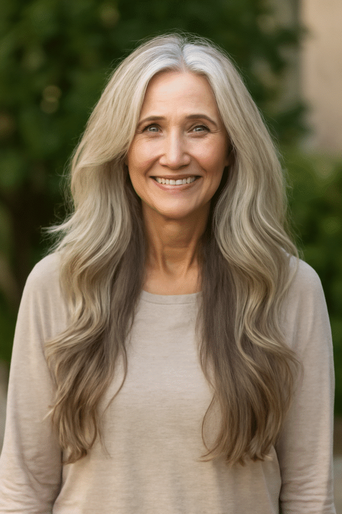 Mulher idosa com cabelo longo em camadas e ondas naturais
