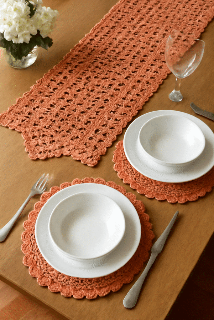 Mesa posta com trilho e sousplats em crochê laranja e louças brancas