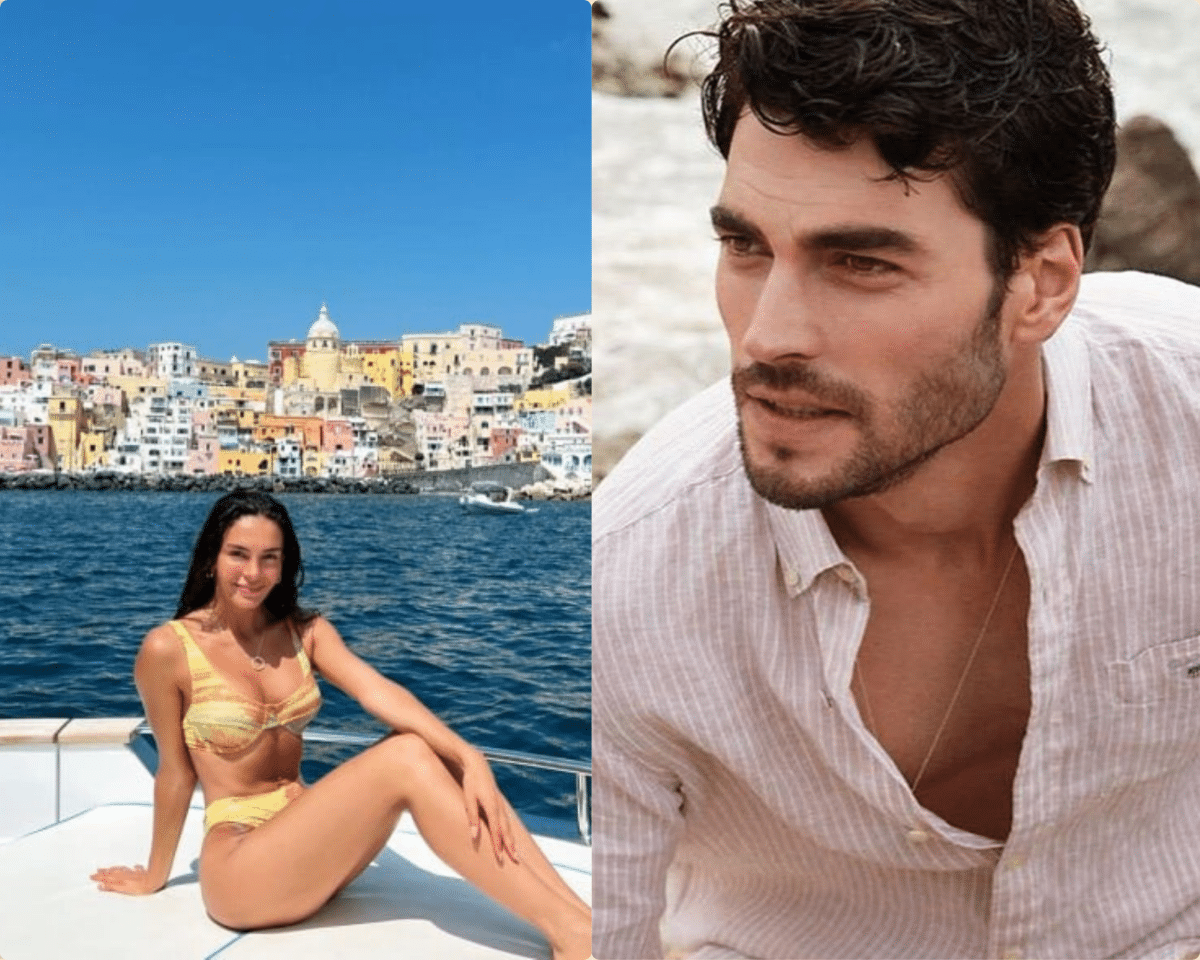 tor turco olhando para o lado com expressão séria, e atriz turca sorridente em um barco com cenário de cidade costeira ao fundo, lado a lado.